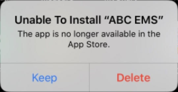 Error message on iOS saying the app is no longer available in the App Store.