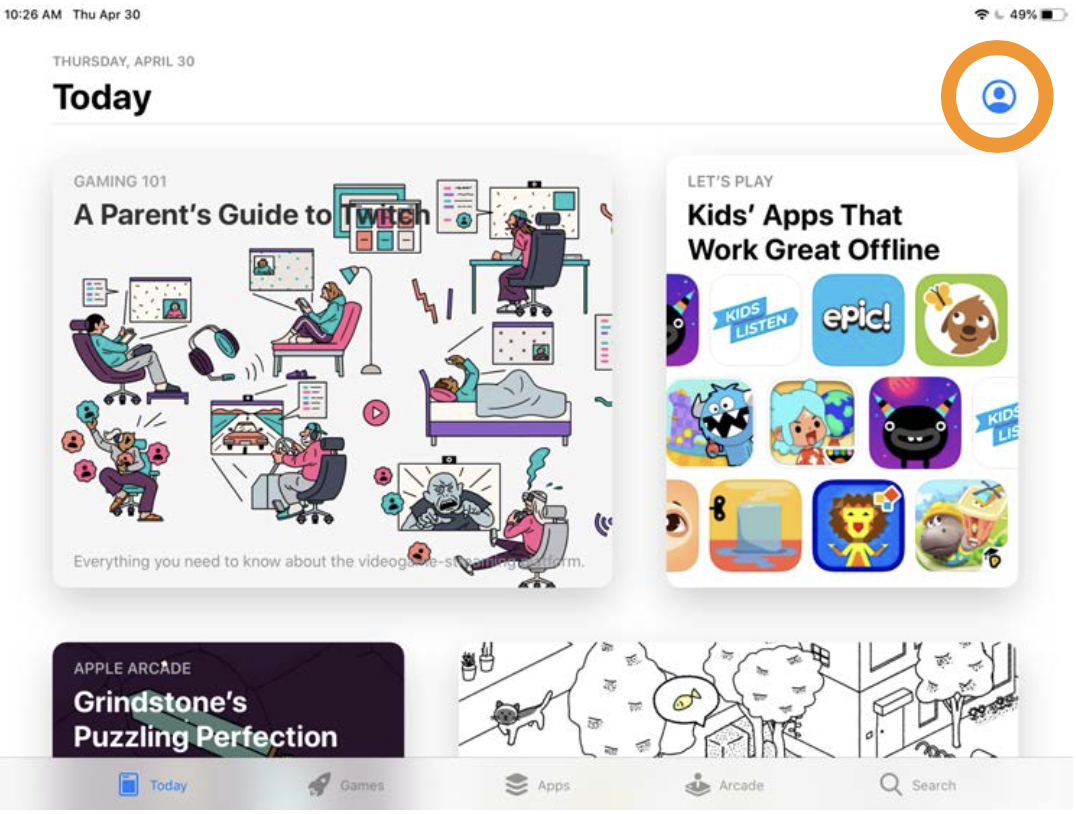 The profile icon in the upper right corner of the App Store