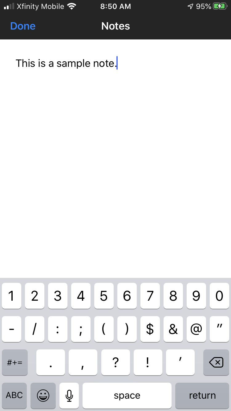 Typing a note in the iOS app