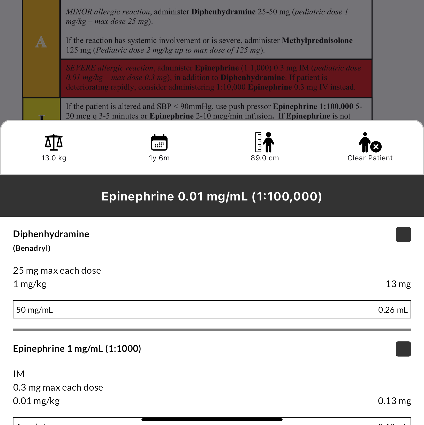 Same dosage calculator screen for Epinephrine 0.01 mg/mL
