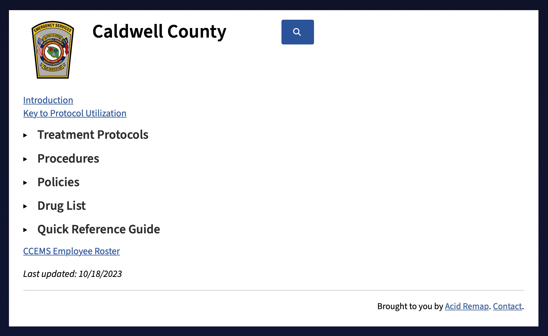 Screenshot of the website hosted for Caldwall County, NC, with its protocol table of contents displayed