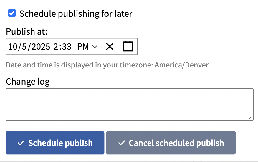 The publish dialog showing its options for change log and publishing.
