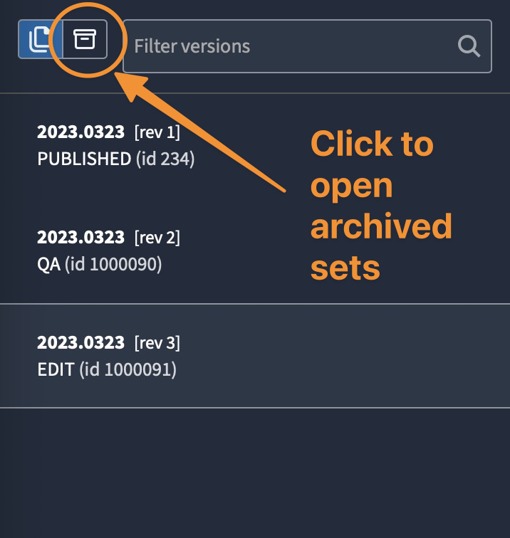 The sets browser with the archive icon highlighted