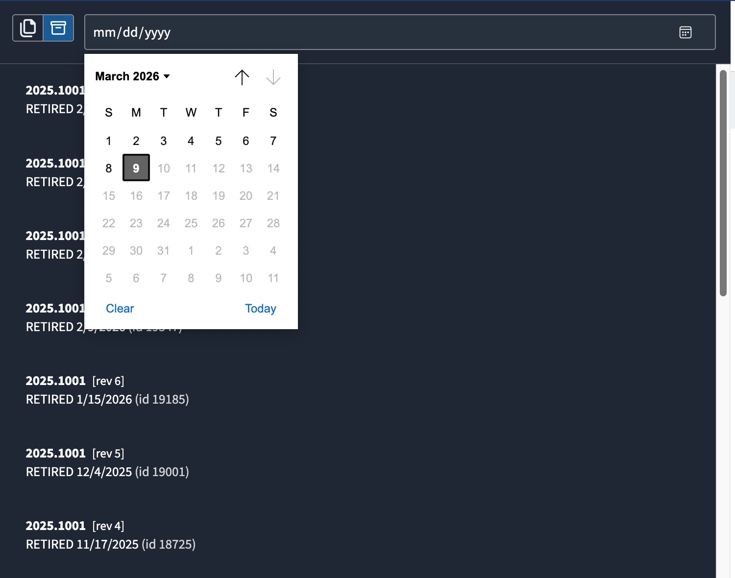 The search box for archived sets