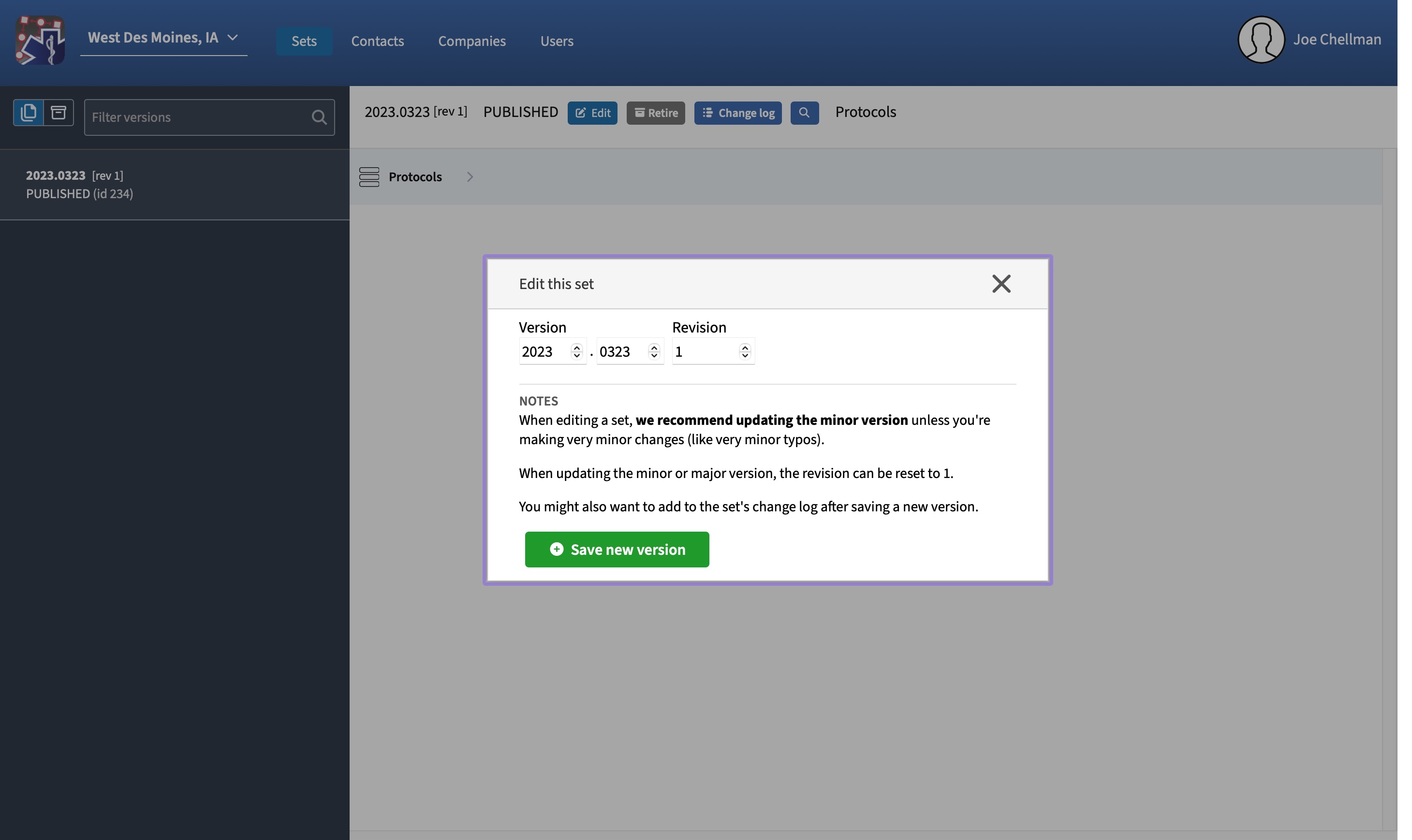The popup displayed when creating an editable set, with the version number fields