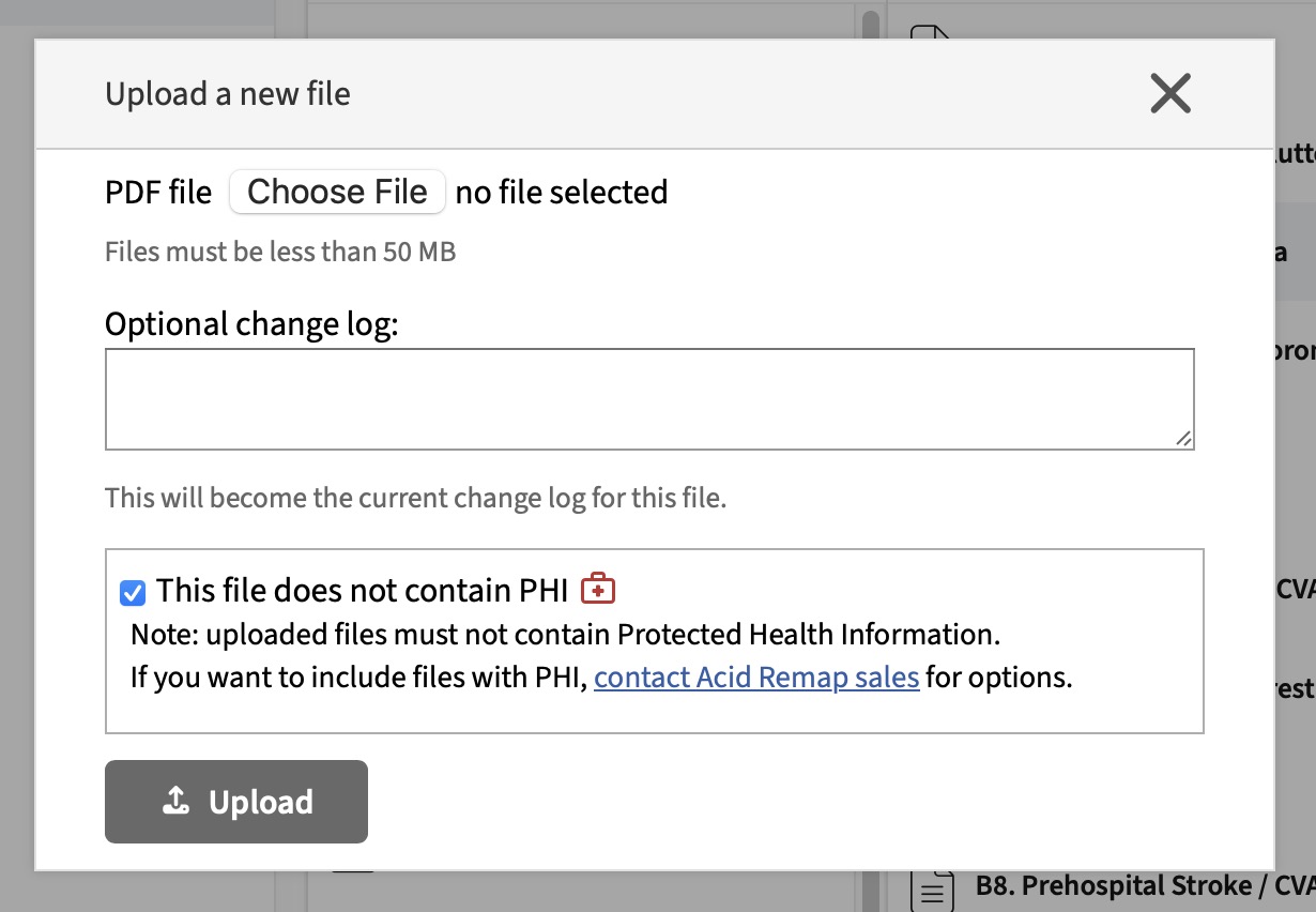 The upload dialog for adding a new document