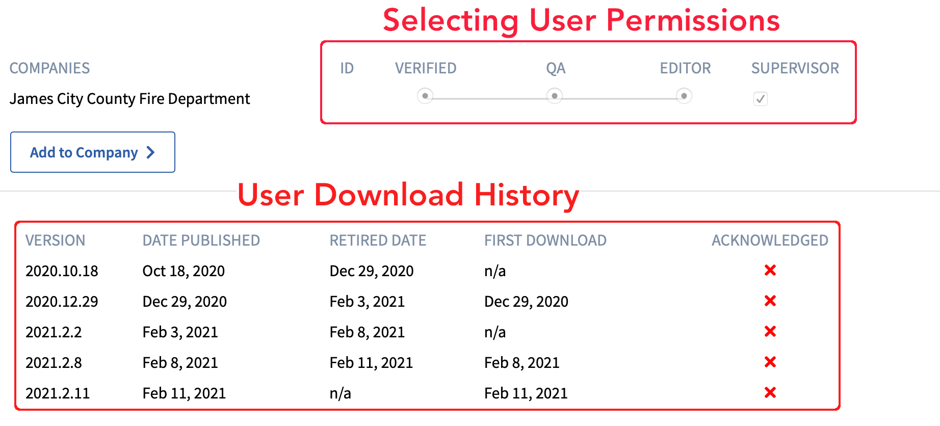 The Users page in the web portal with permissions and download history